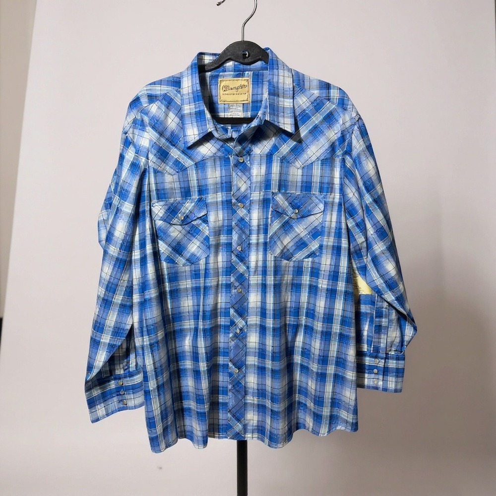 Wrangler‎ Western Shirts Men's 2XL Blue Plaid Long Sleeve Pearl Snap Shirt